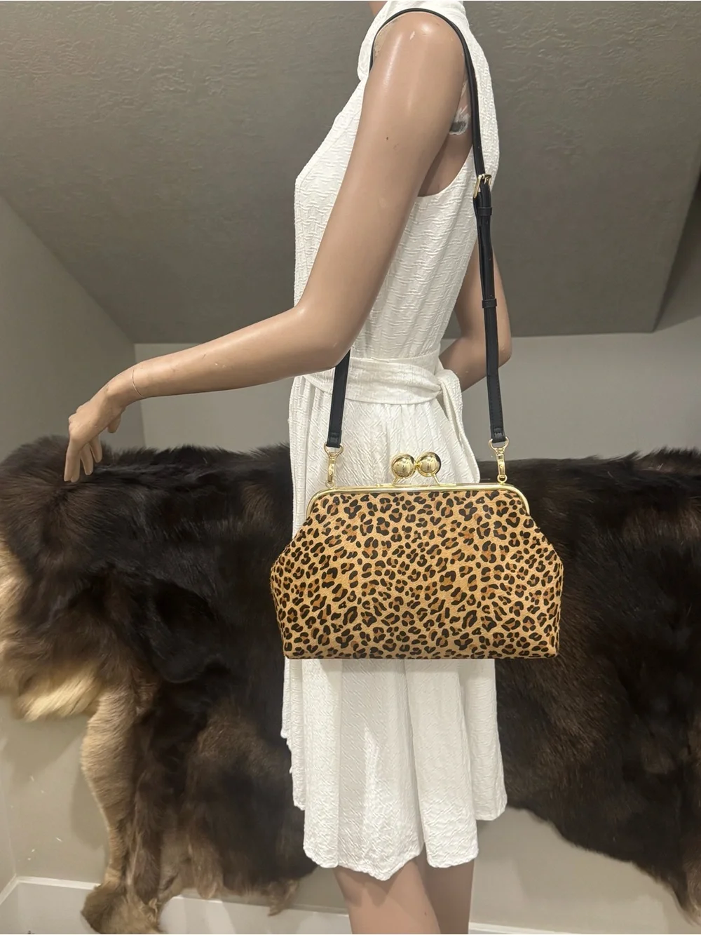 Leopard Print Hair-on Cowhide Handmade Custom Kisslock Frame Bag, & 2 Straps